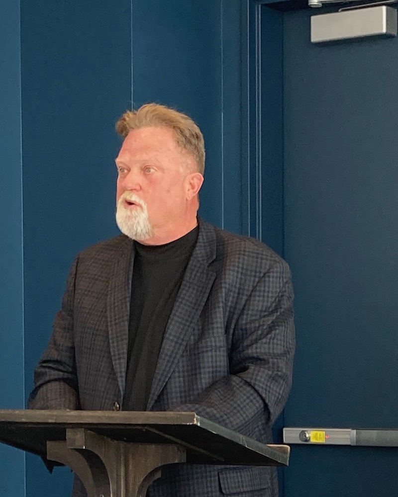 Rick Halford, regional political director of Southern States Millwright Regional Council, speaks at the April 8, 2023, NWA Labor Spring Teach-In at the Fayetteville Public Library.